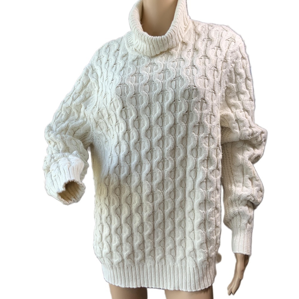 Mutual Weave White Cable Knit Turtleneck Long Sleeves Boho Sweater Med Fisherman